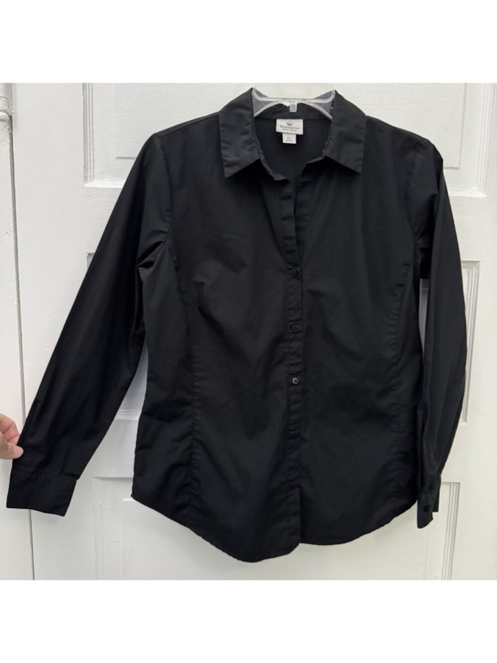 Worthington Petite Stretch Blouse Women’s 6P Black Cotton Button Down Fitted